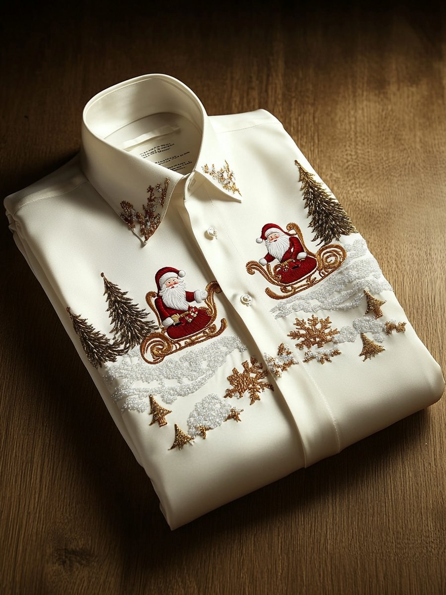 Camisa Christmas ejecutivo de lujo Santa Claus and Tree de manga larga para hombre