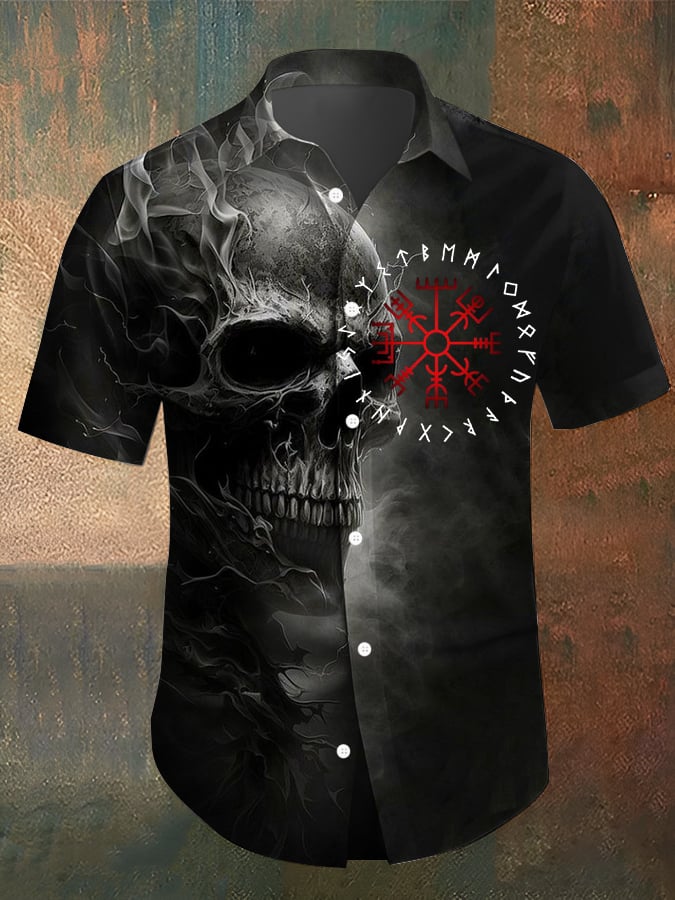 Camisa Viking Skull estampado casual para hombre