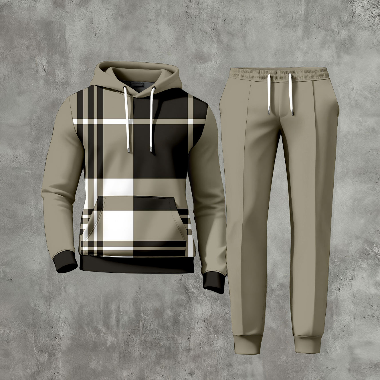 Conjunto de dos piezas casual Checked estampado de manga larga sudadera con capuchas sudadera & Trousers Khaki Green para hombre