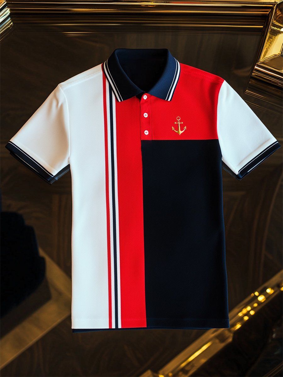 Camisa polo ejecutivo rayas Logo con botones de manga corta para hombre