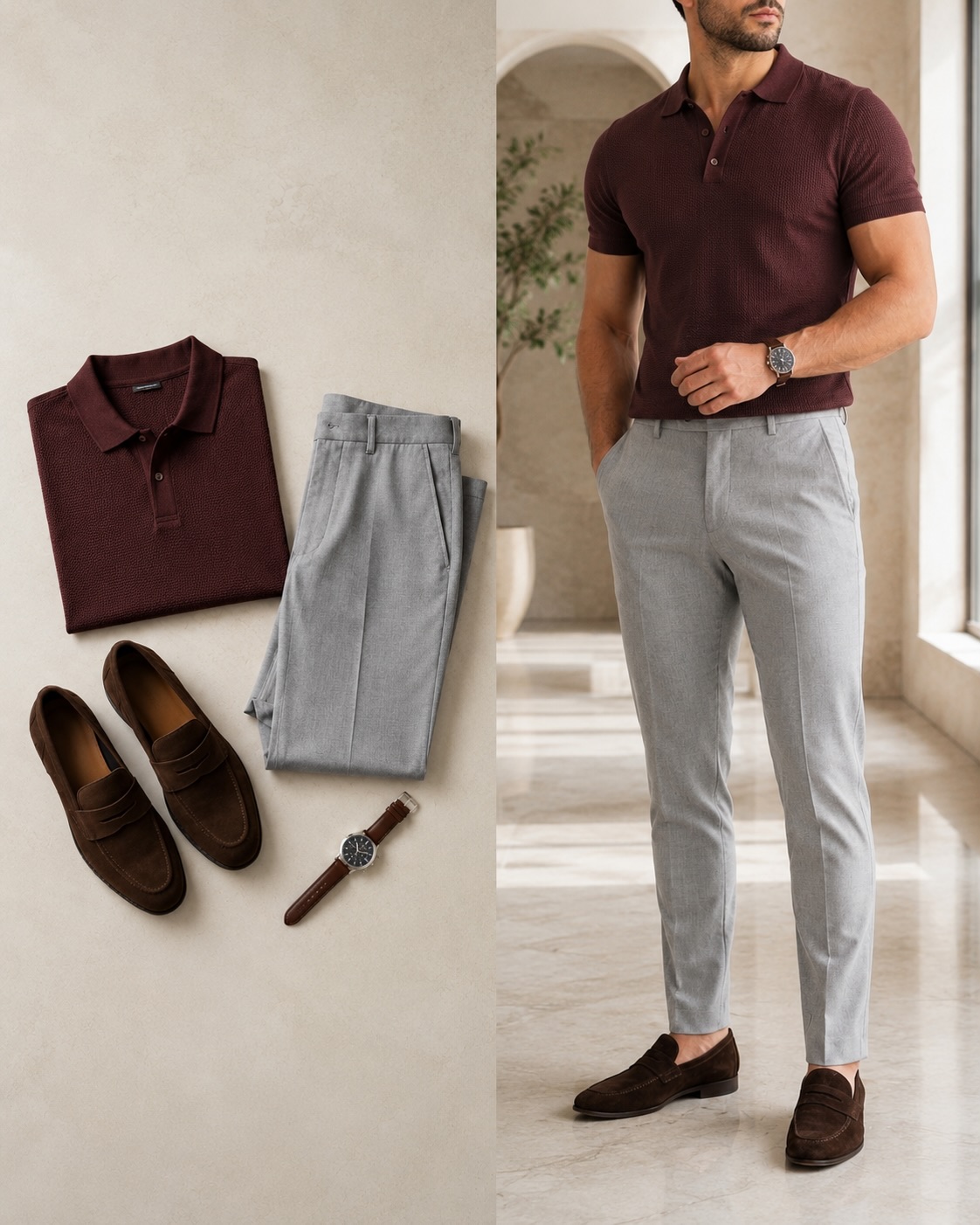 Conjunto de dos piezas Burgundy Color de manga cortas camisa polo & Jeans pantalón para hombre