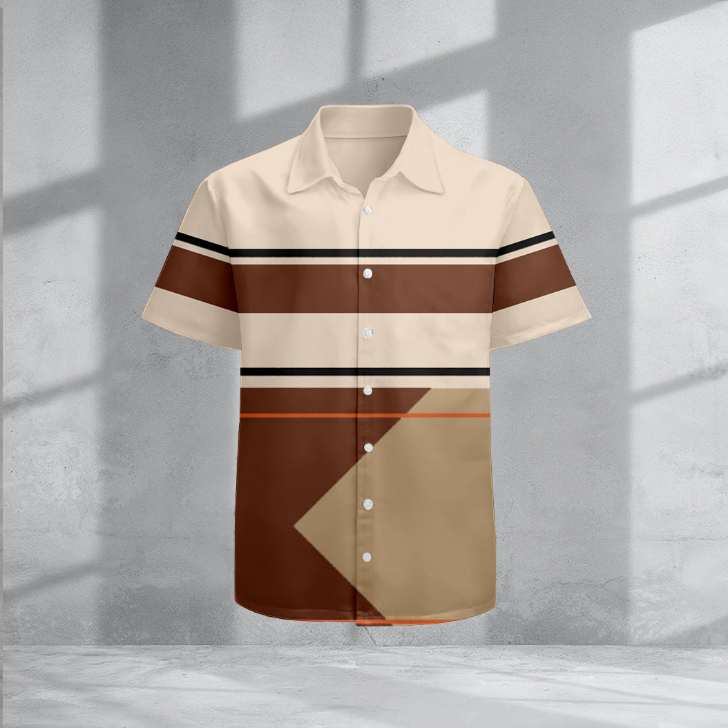 Camisa casual Coffee & Khaki Color Matching Geometric estampado de manga corta para hombre