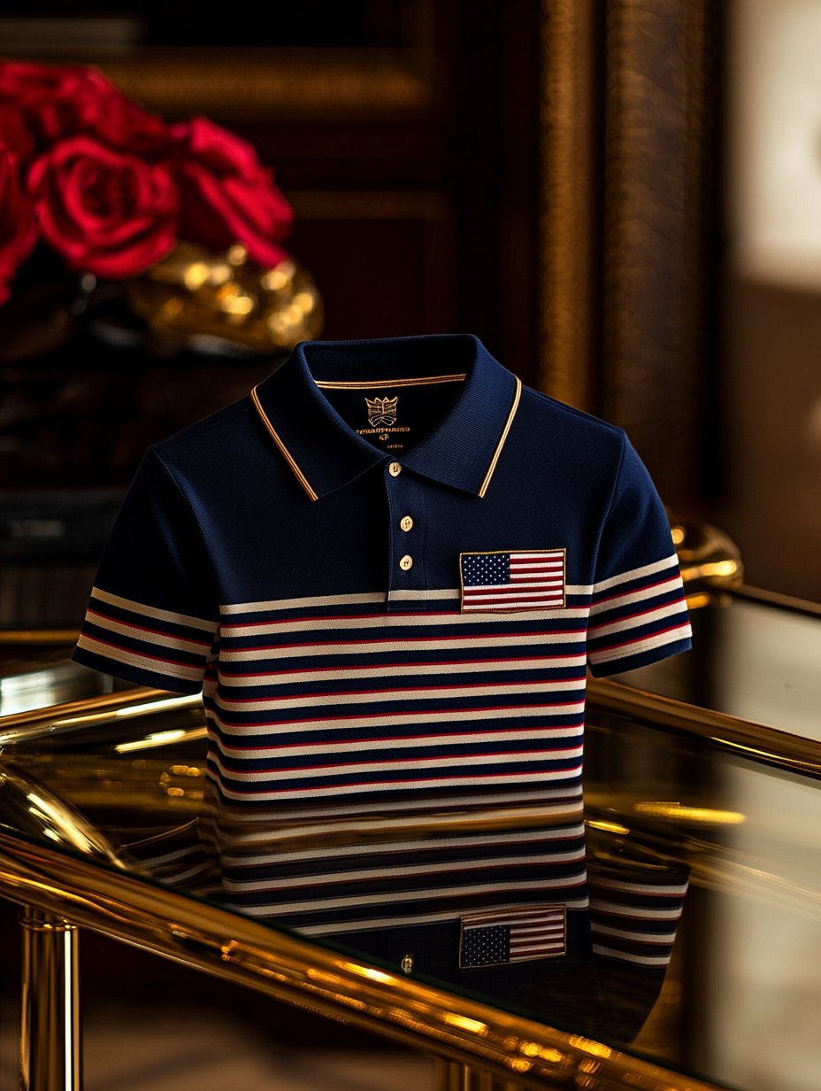 Camisa polo ejecutivo casual a rayas Independence Day Button de manga corta para hombre