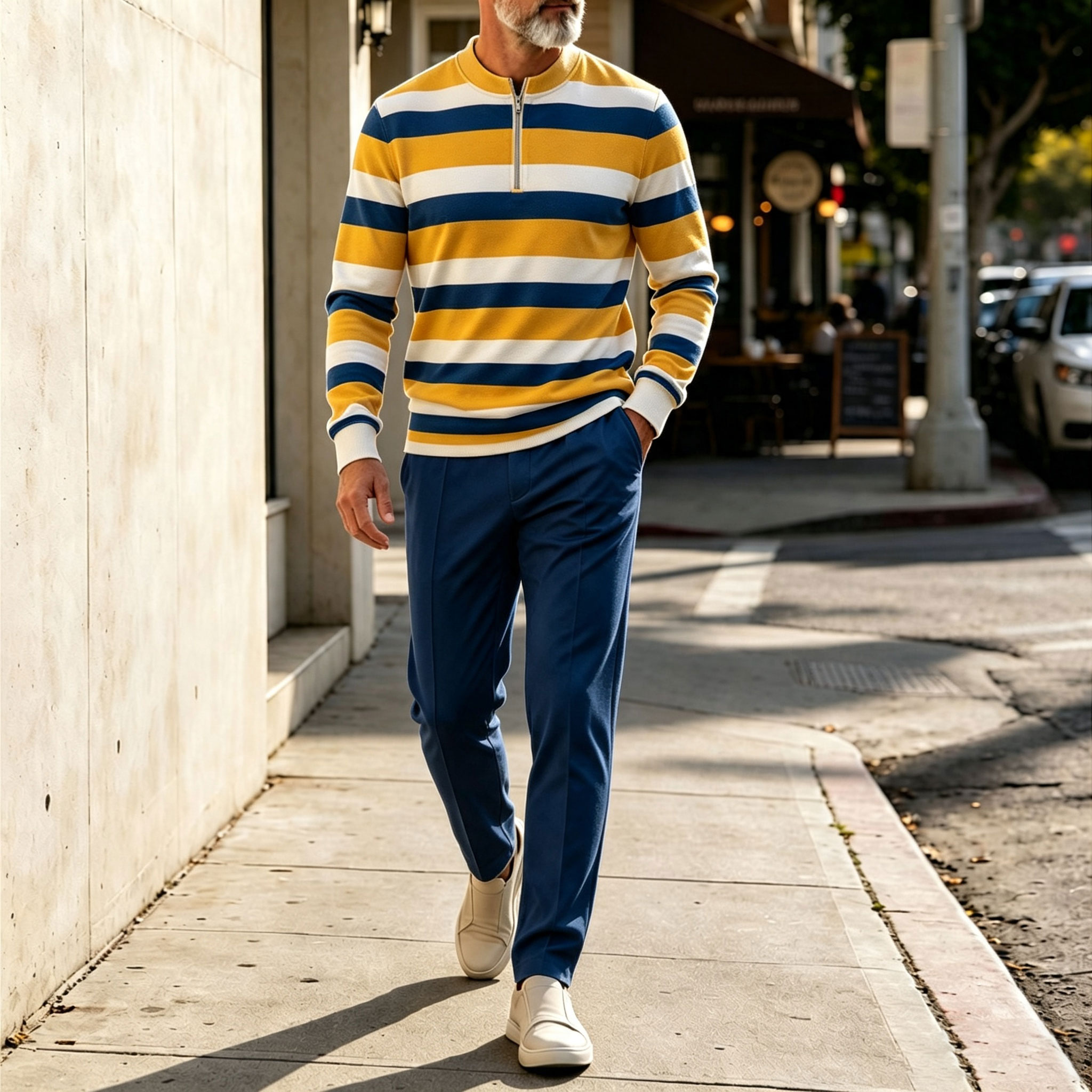 para hombre Two-Tone Round-Neck Zipper de manga larga camisa and pantalón Set