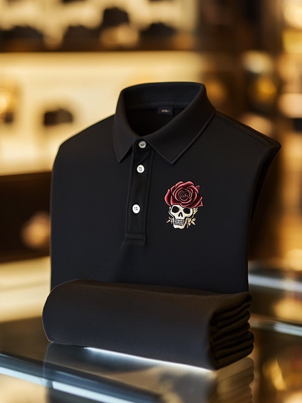 Camisa polo ejecutivo casual Skull estampado con botones para hombre