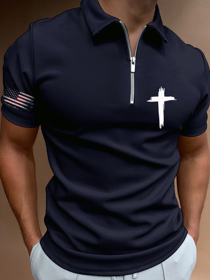 Camisa polo Flag Cross estampado casual para hombre