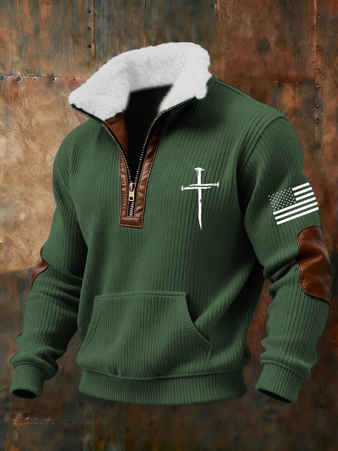 Sudadera retro Faith Cross estampado cierre Fur cuello de manga larga para hombre