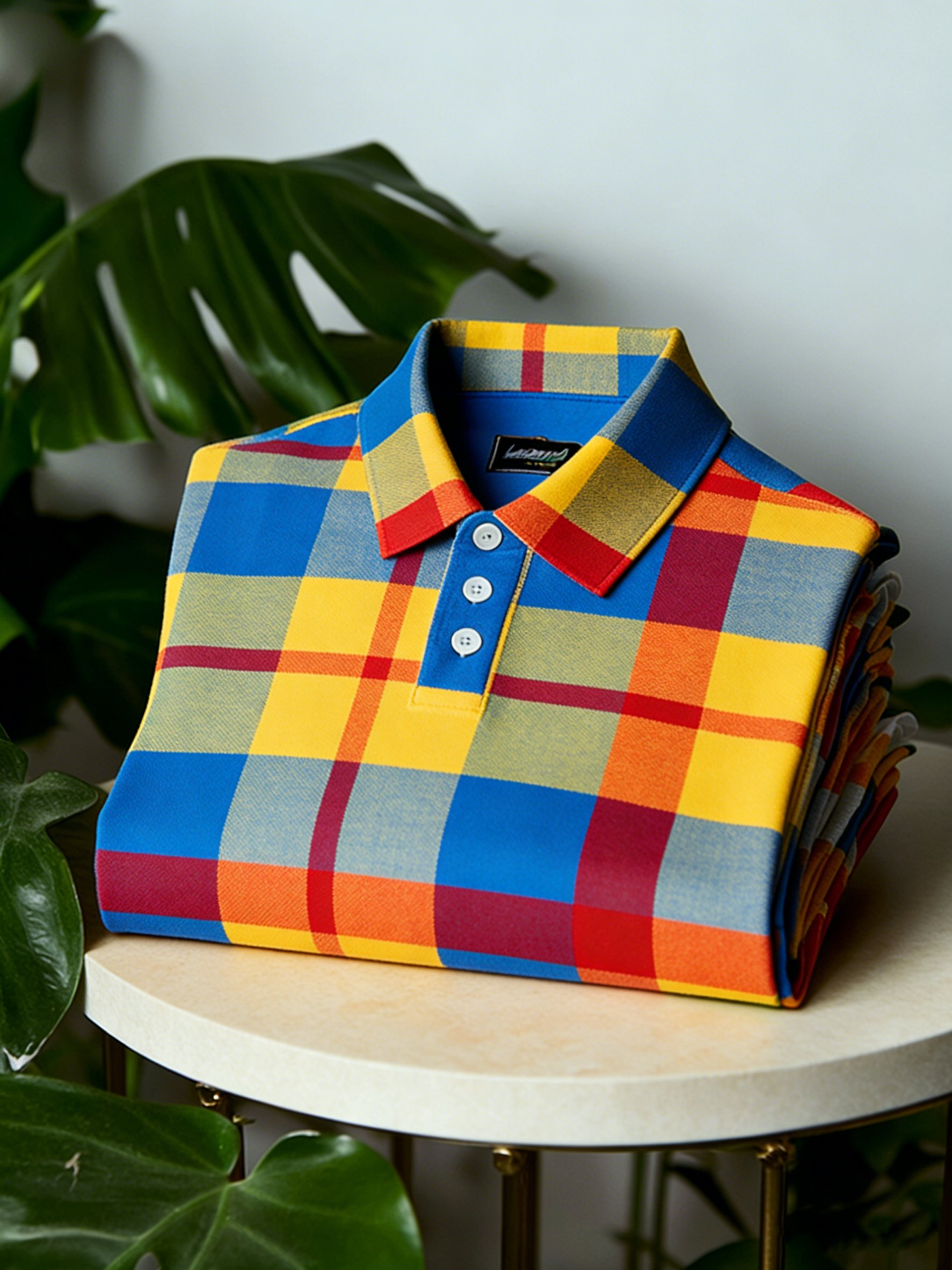 Camisa polo ejecutivo casual Button de manga corta a cuadros Yellow para hombre