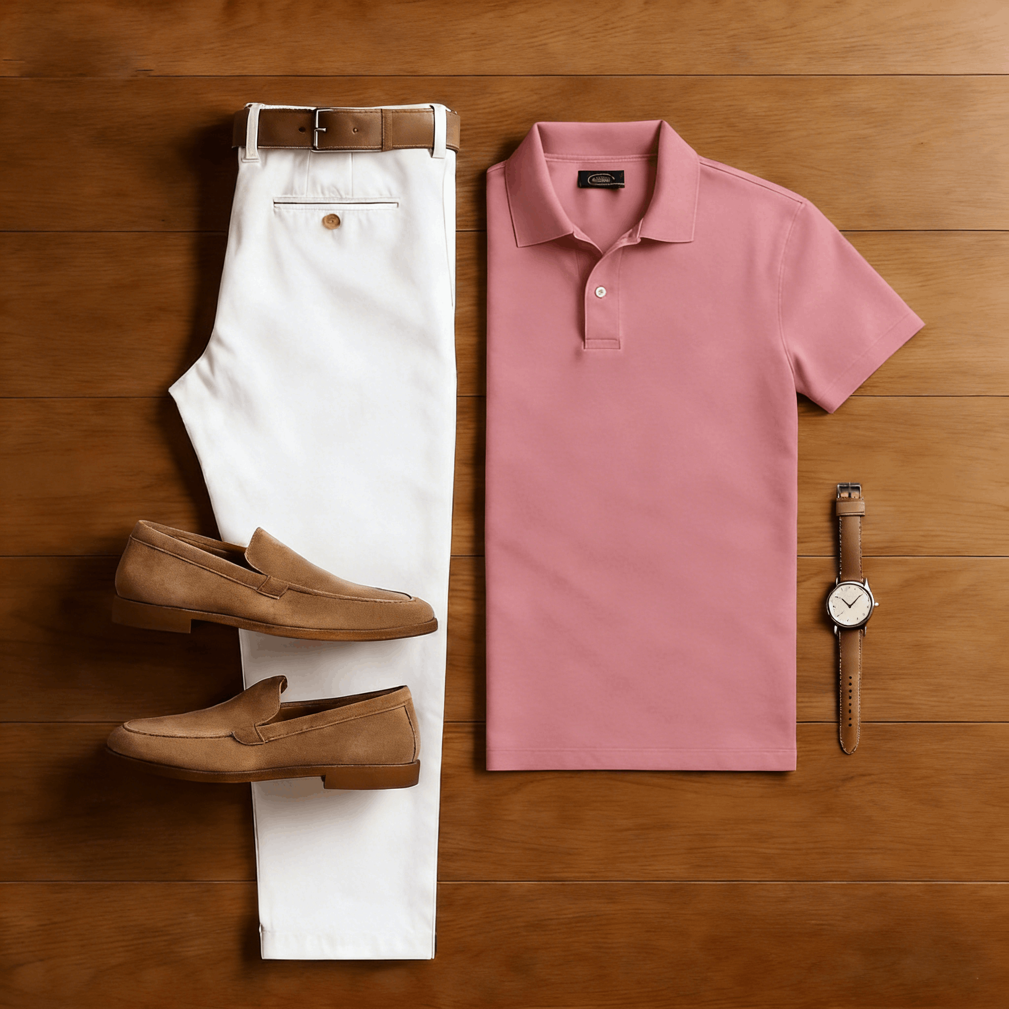 Conjunto de dos piezas casual Pink & White de color sólido Matching Sport de manga corta camisa polo & Trousers para hombre