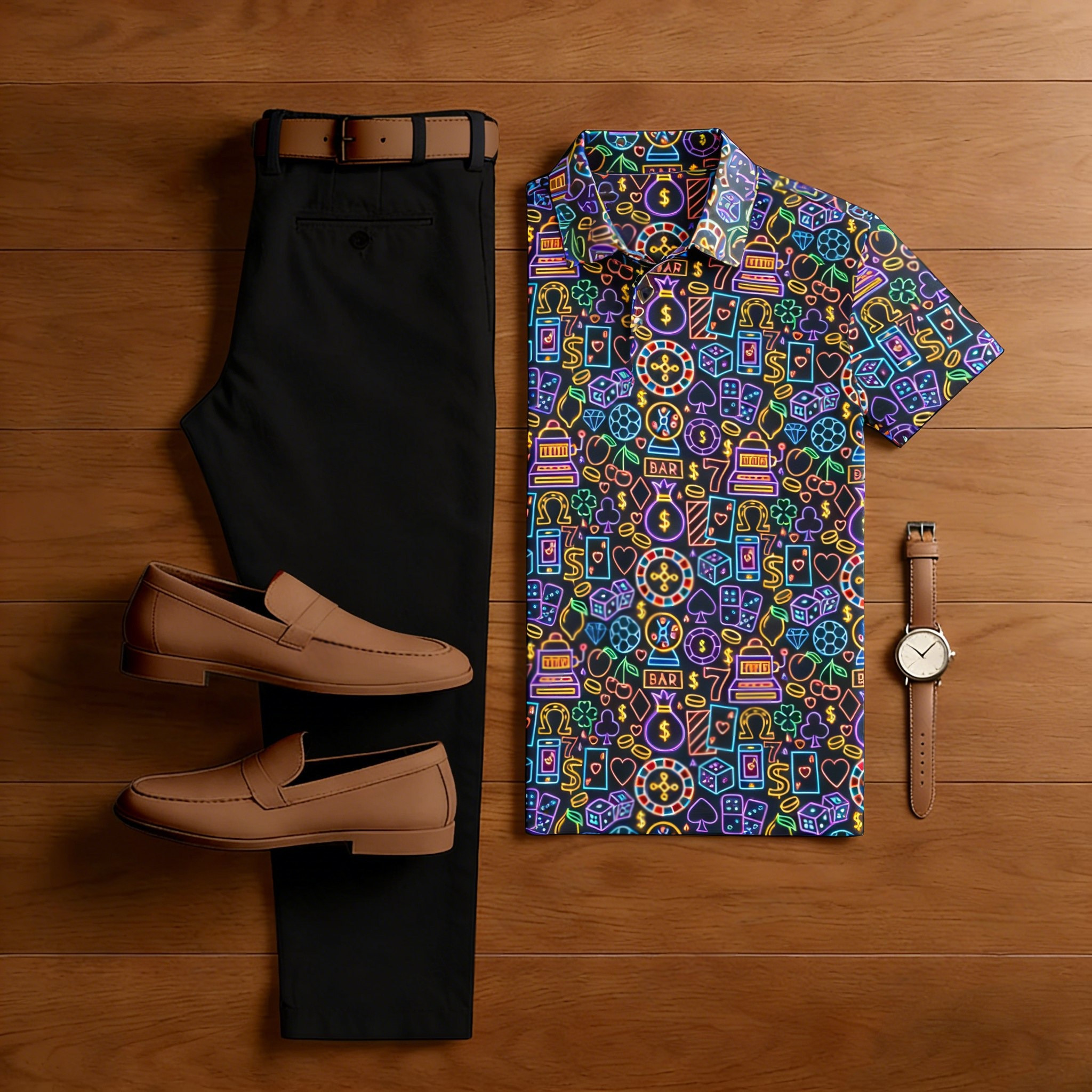Conjunto de dos piezas casual neon estampado camisa polo and trousers para hombre