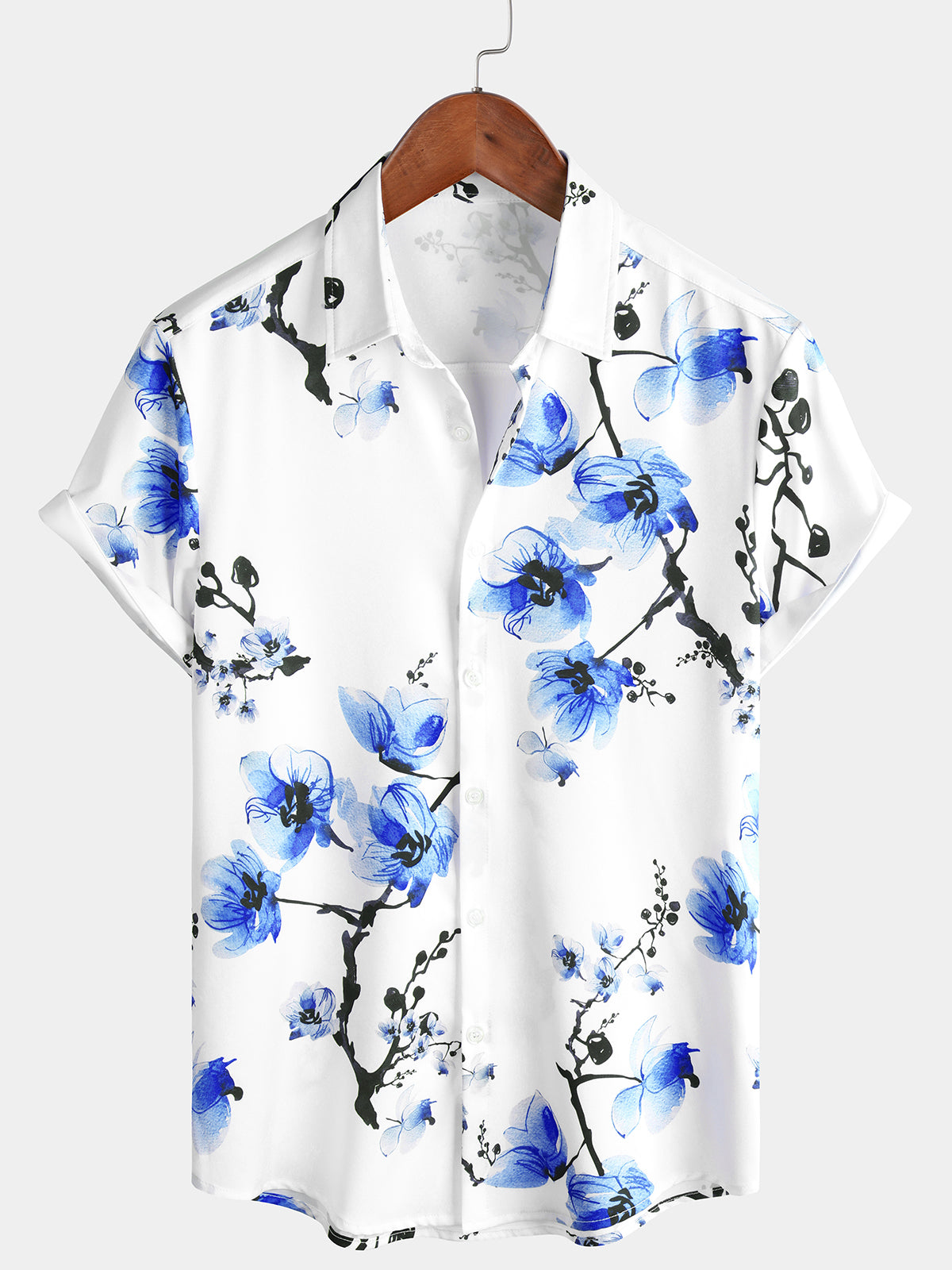 Camisa casual Blue floral estampado Summer Button Up Flower de manga corta Cherry Blossom para hombre