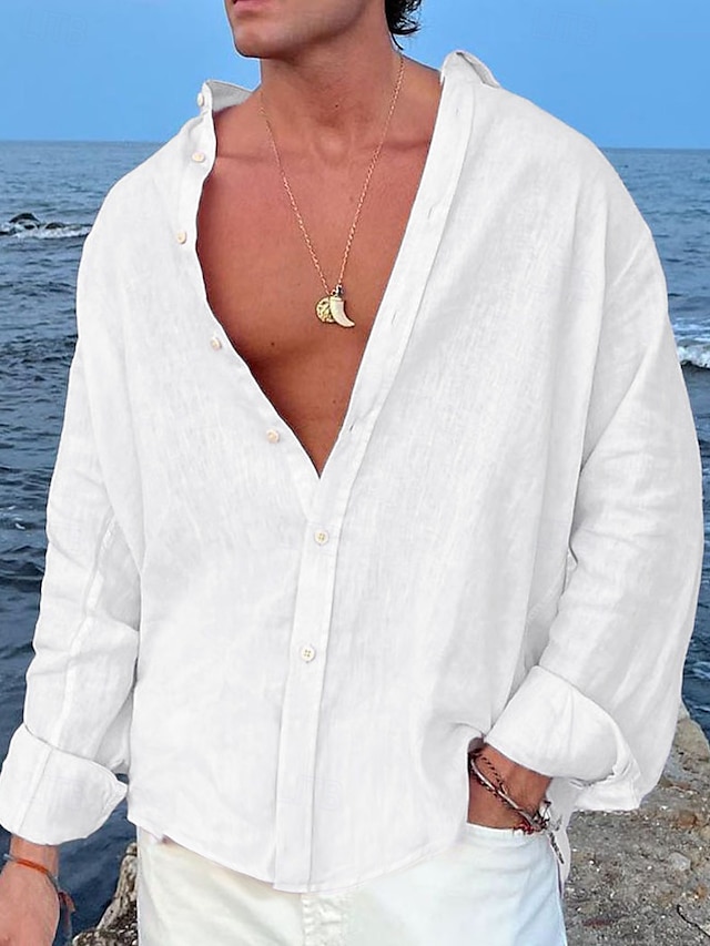 Camisa de lino camisa Summer camisa Beach Wear Button Up camisa Plain casual para uso diario Black White Pink Blue de manga larga Lapel Spring & Summer Clothing Apparel para hombre