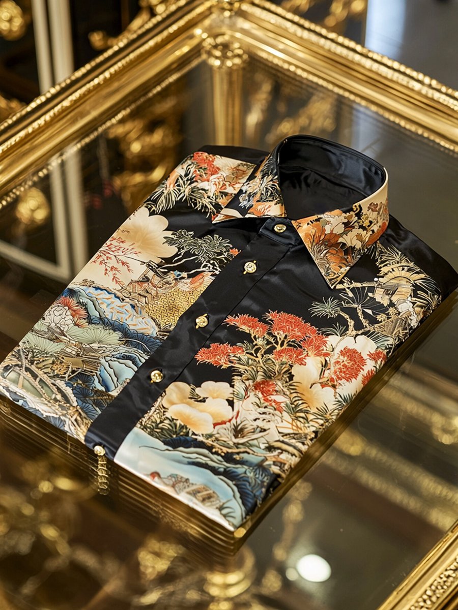Camisa satén Ukiyo-E de lujo ejecutivo de manga larga para hombre