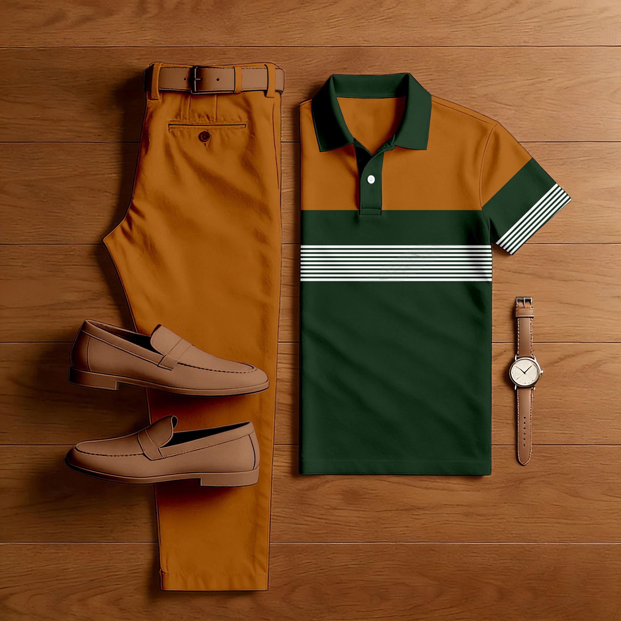 Conjunto de dos piezas casual Brown & Green rayas estampado camisa polo And pantalón para hombre