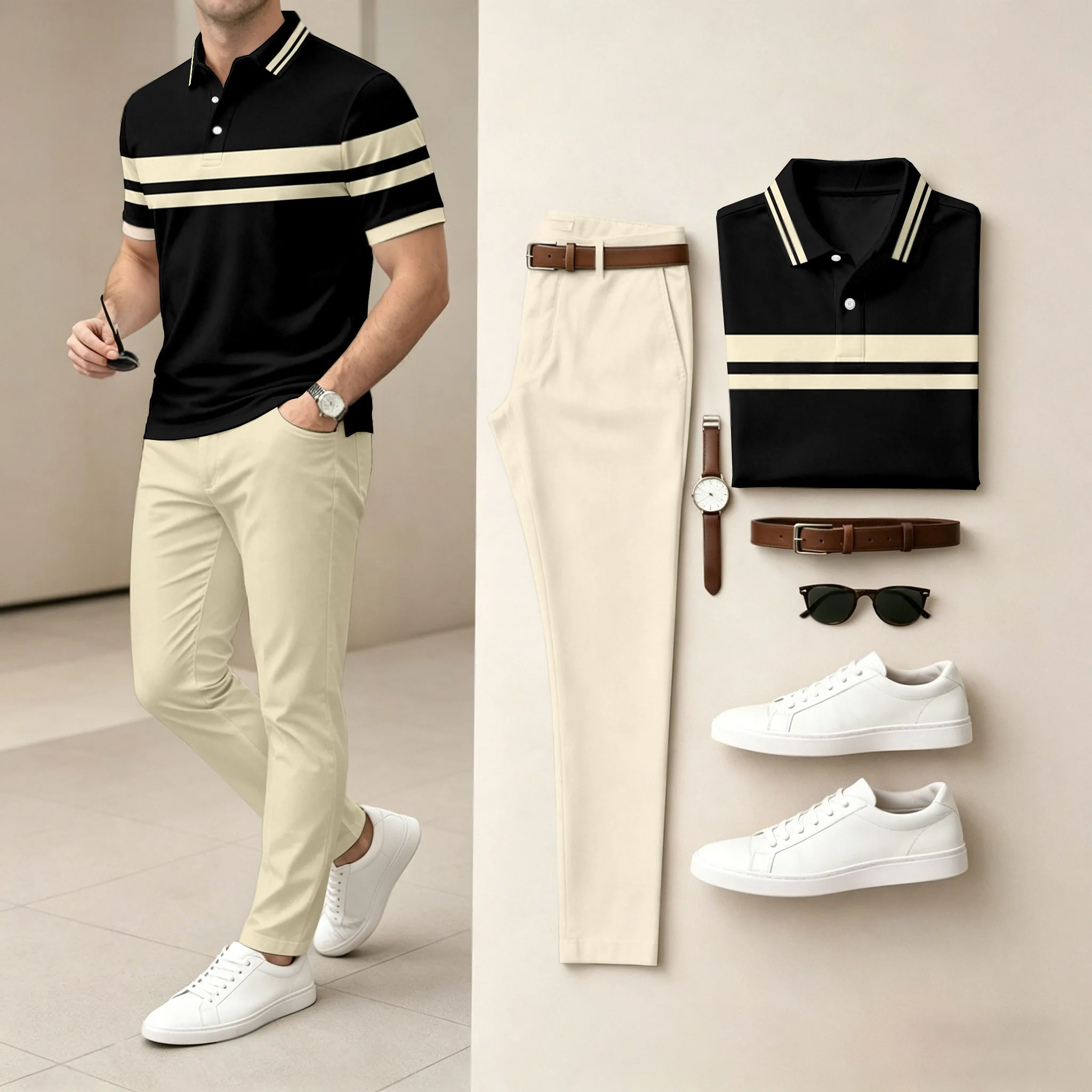 Conjunto de dos piezas casual Black Geometry estampado camisa polo And pantalón para hombre