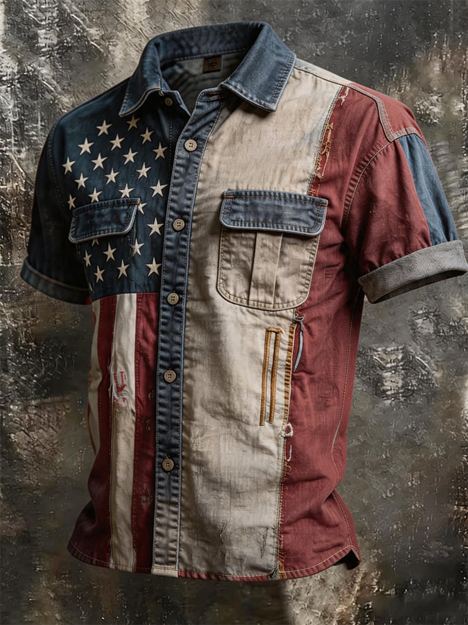 Camisa Split American Flag Patchpara trabajo desgastado de manga corta , vintage Button Up casual Top para hombre