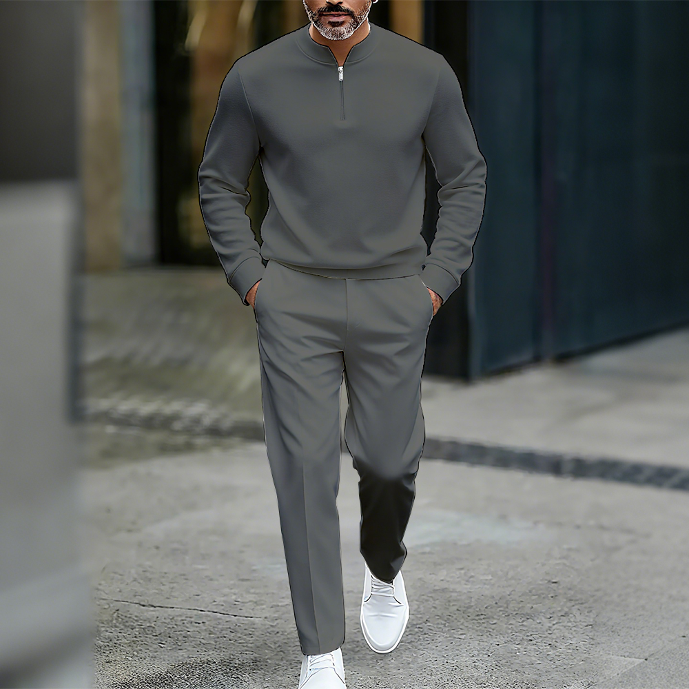 Conjunto de dos piezas casual de color sólido Round-Neck Zipper de manga larga Trousers para hombre