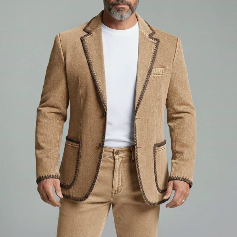 Saco ejecutivo casual Brown Denim Notched Lapel Whipstitch Trim Patch Pockets de manga larga para hombre