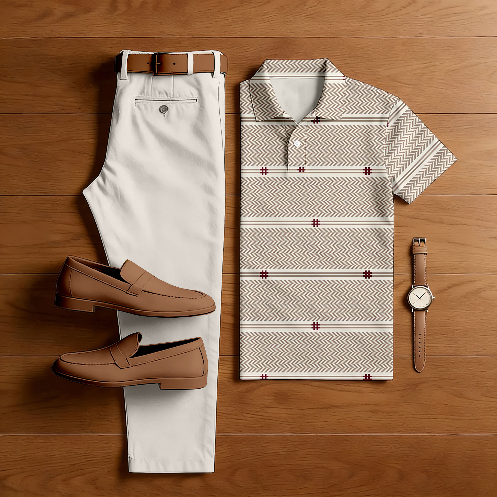 Conjunto de dos piezas casual Beige Color Matching estampado de manga corta camisa polo & Trousers para hombre
