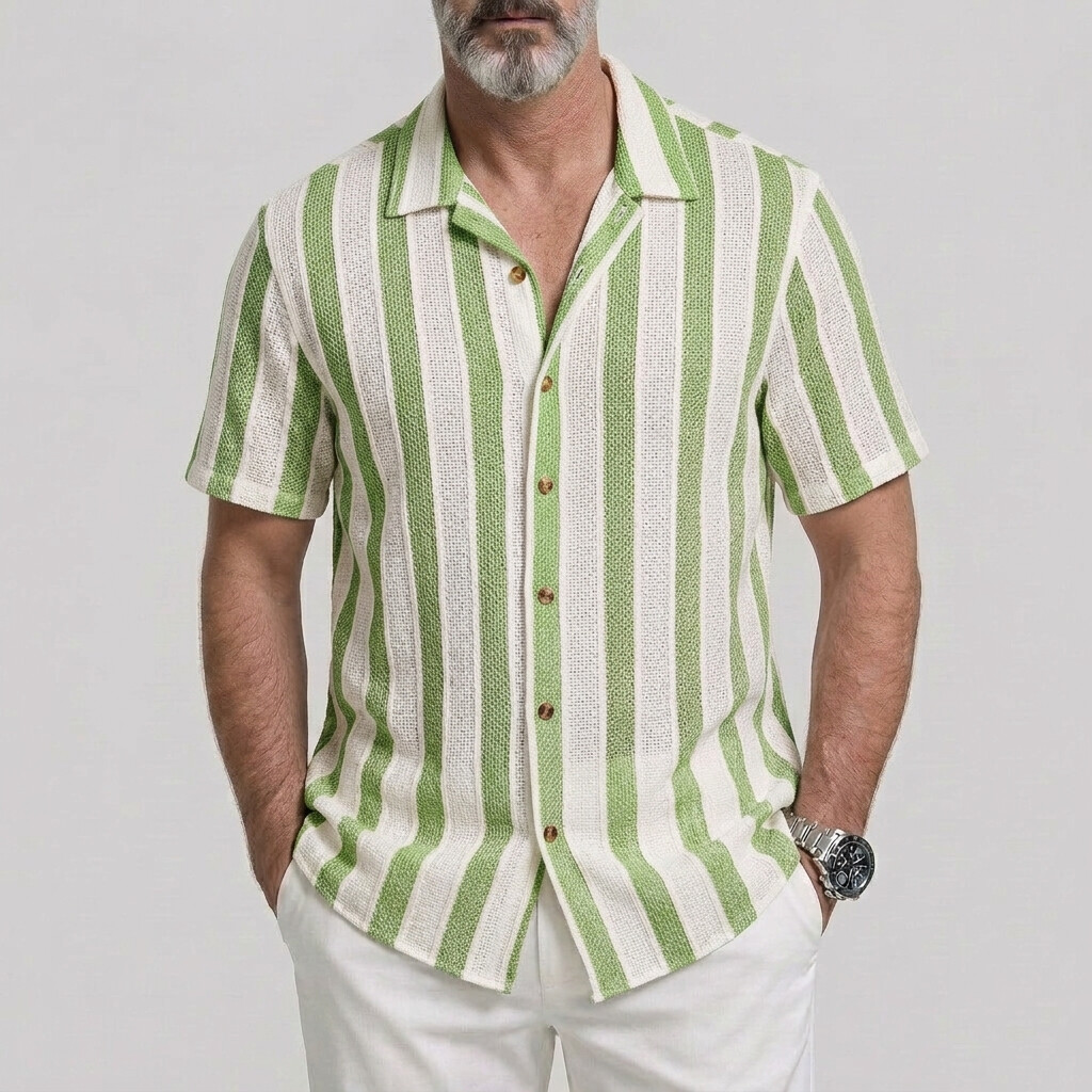 Camisa Contrast rayas Turndown Collar Button Up ejecutivo casual de manga corta para hombre