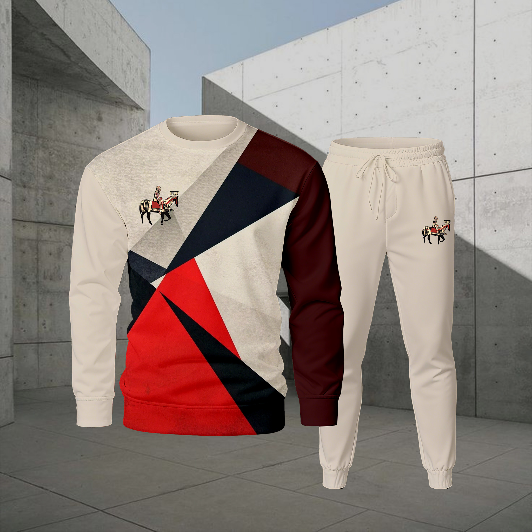 Conjunto de dos piezas casual Color Matching estampado Round-Neck de manga larga sudaderas Trousers para hombre