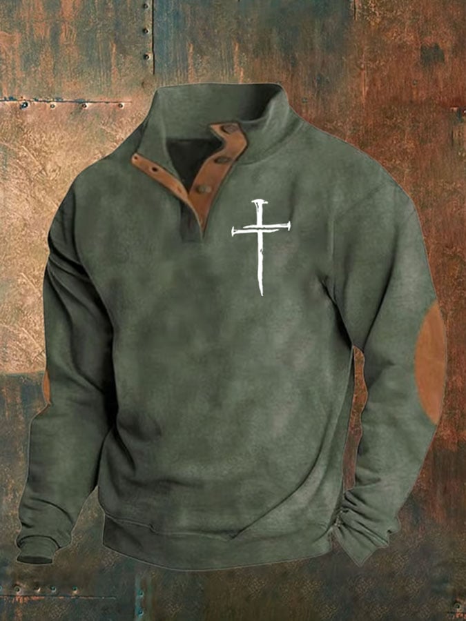 Sudadera Faith Cross estampado Stand cuello Button para hombre