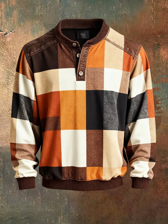 Sudadera retro Colorblock Henley para hombre