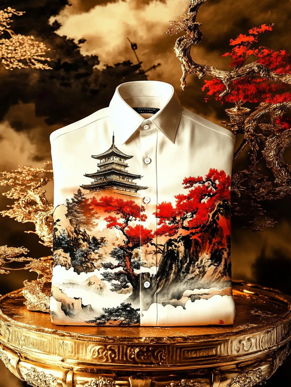Camisa de lujo clásico Ukiyo-e de manga larga para hombre