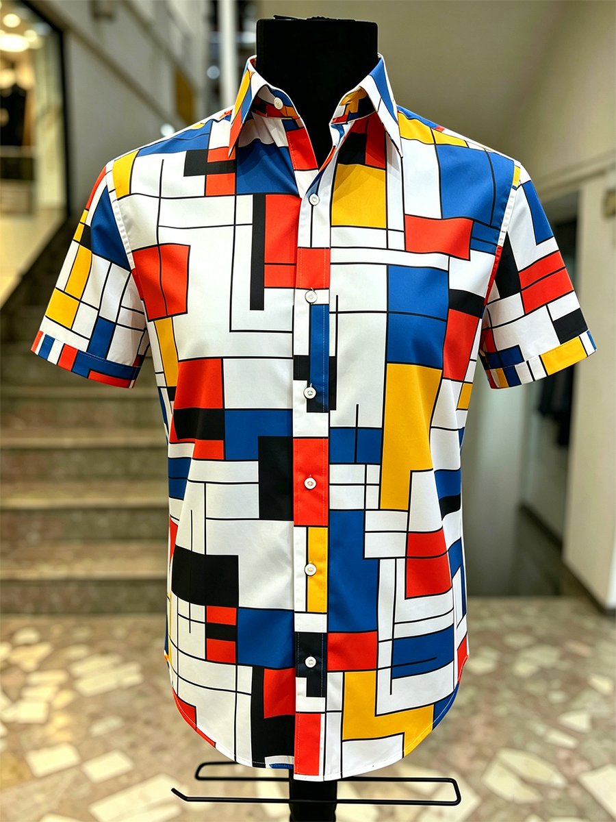 Camisa retro Bauhaus Geometric de manga corta para hombre