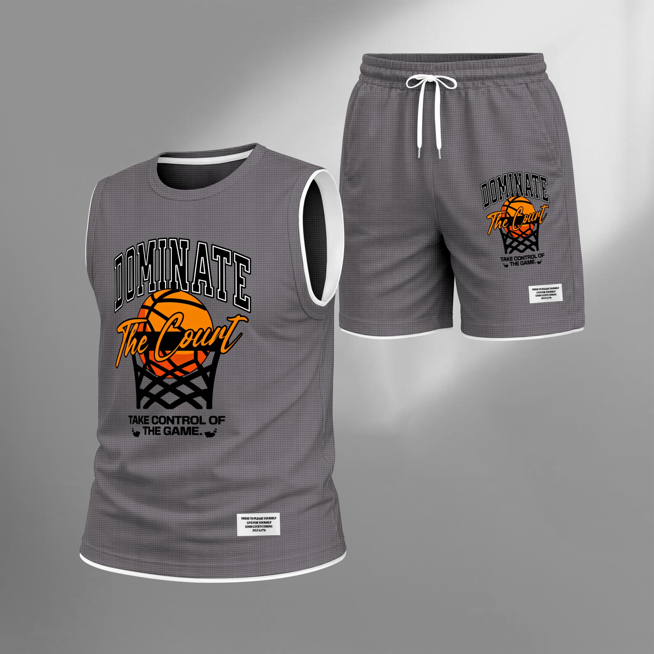 Shorts Basketball Graphic estampado Summer Set Sleeveless Tank Top & Matching Outfit, “Dominate The Court” Letter estampado with Hoop & Ball Design, Lightweight casual Streetwear Athletic Set for Everyday & para trabajoout para hombre