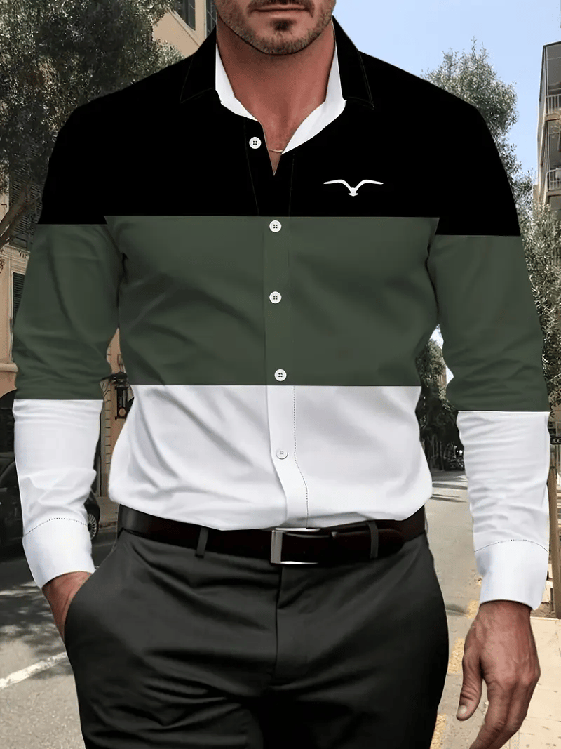 Camisa casual a rayas de manga larga solapa para hombre