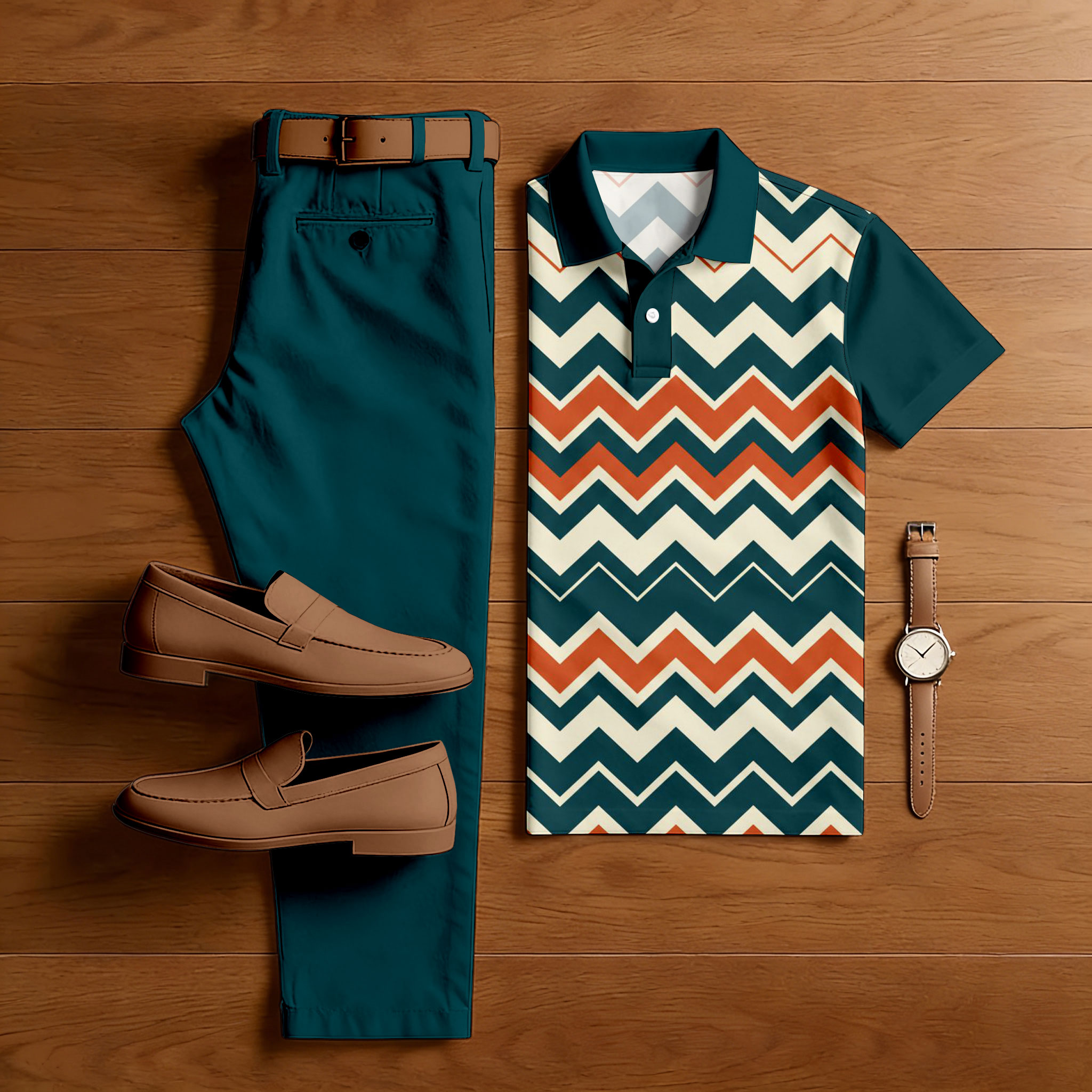 Conjunto de dos piezas casual Dark Green & Yellow Color Matching estampado de manga corta camisa polo & Trousers para hombre