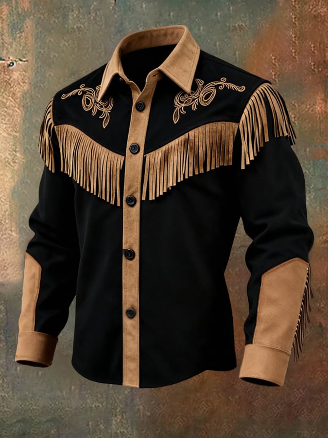 Camisa vintage Patchpara trabajo Color-Block gamuza de manga larga With Tassels para hombre