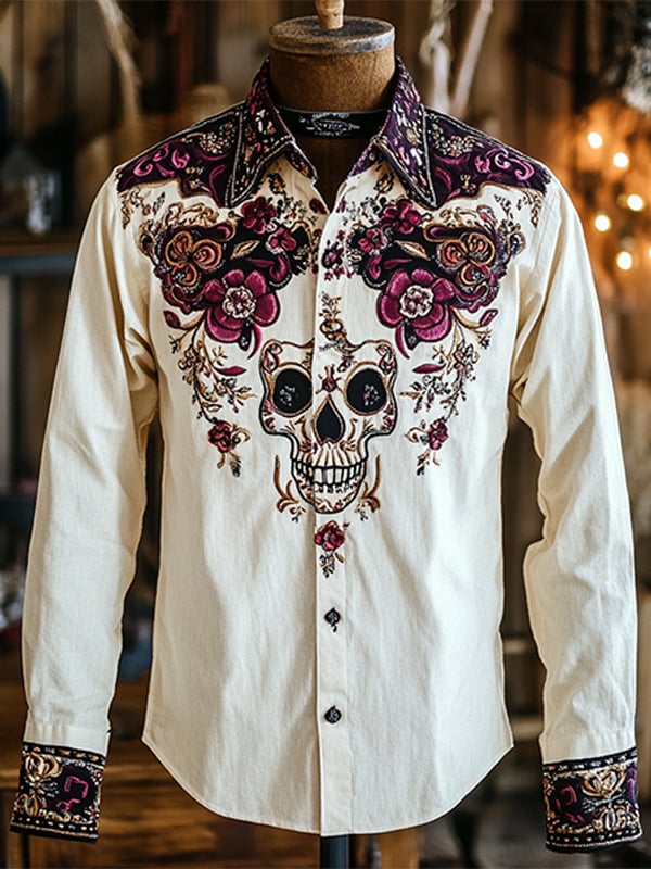 Camisa para exterior vintage Skull and floral estampado de manga larga para hombre