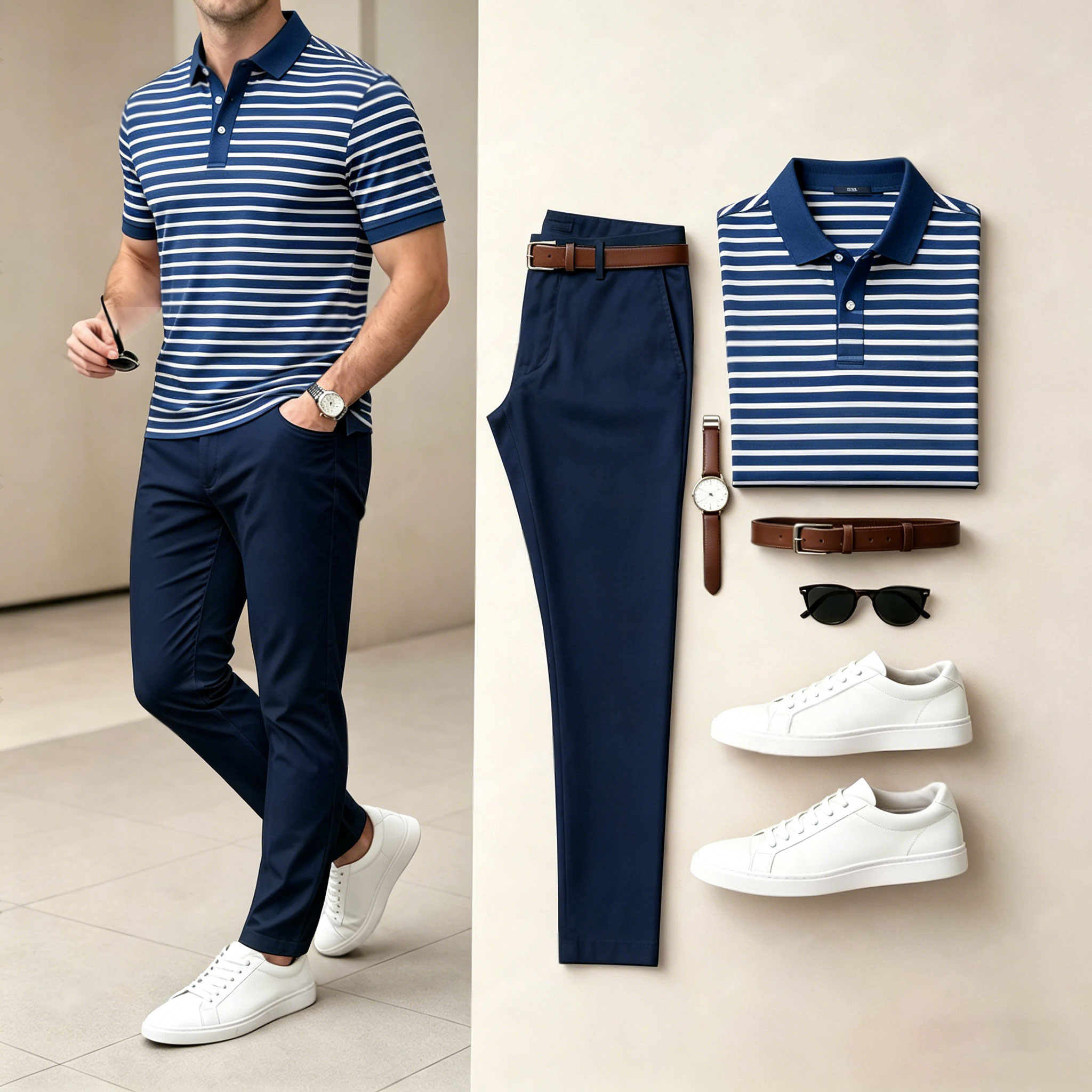 Camisa polo casual Fine-a rayas estampado de manga corta And pantalón Set (Excludes Accessories Such As Watches And Belts) para hombre
