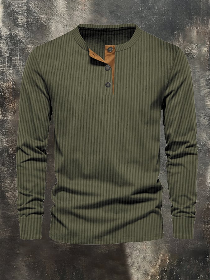 Camiseta pana casual Henley de manga larga para hombre