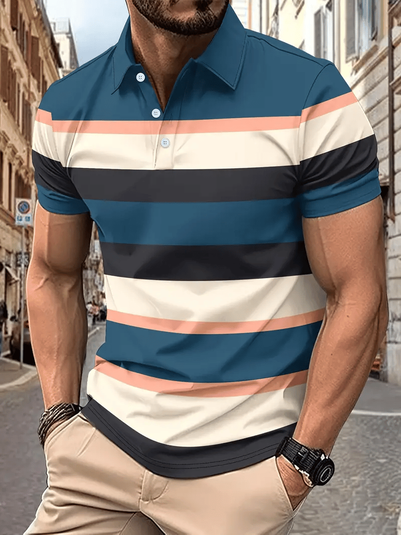 Camisa polo ejecutivo rayas Logo con botones de manga corta para hombre