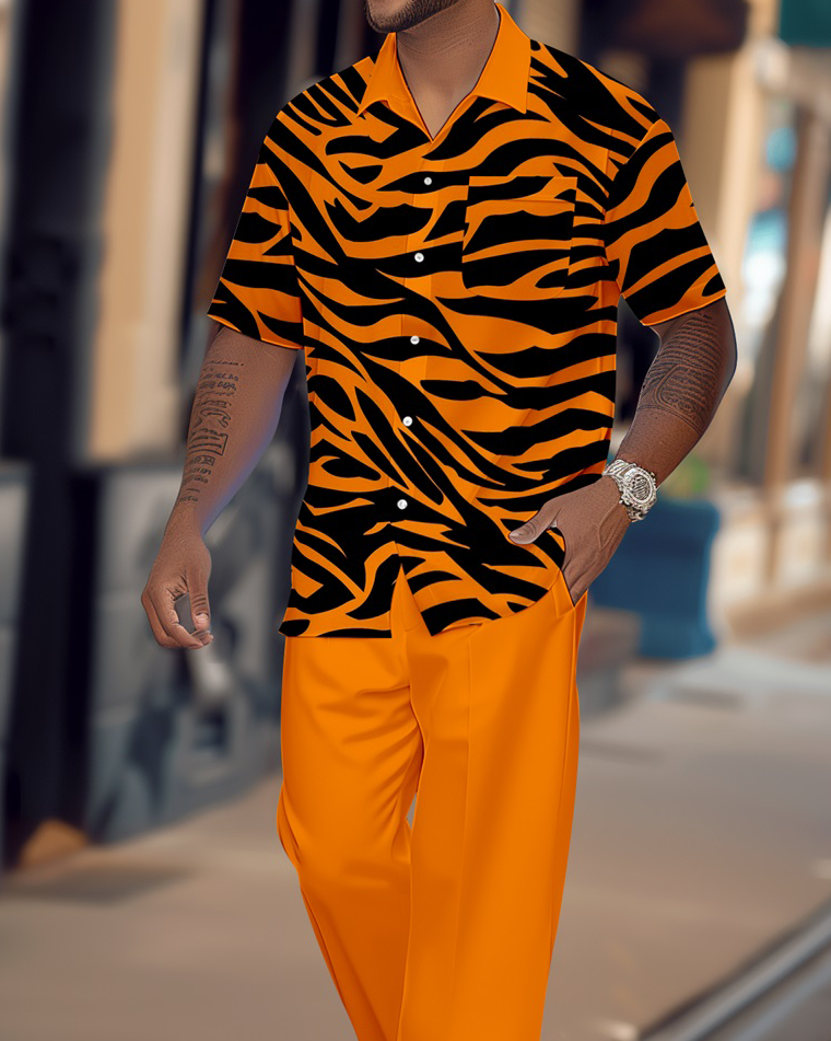 Camisa retro Tiger Pattern Colorblock de manga corta Walking Suit 1653 para hombre