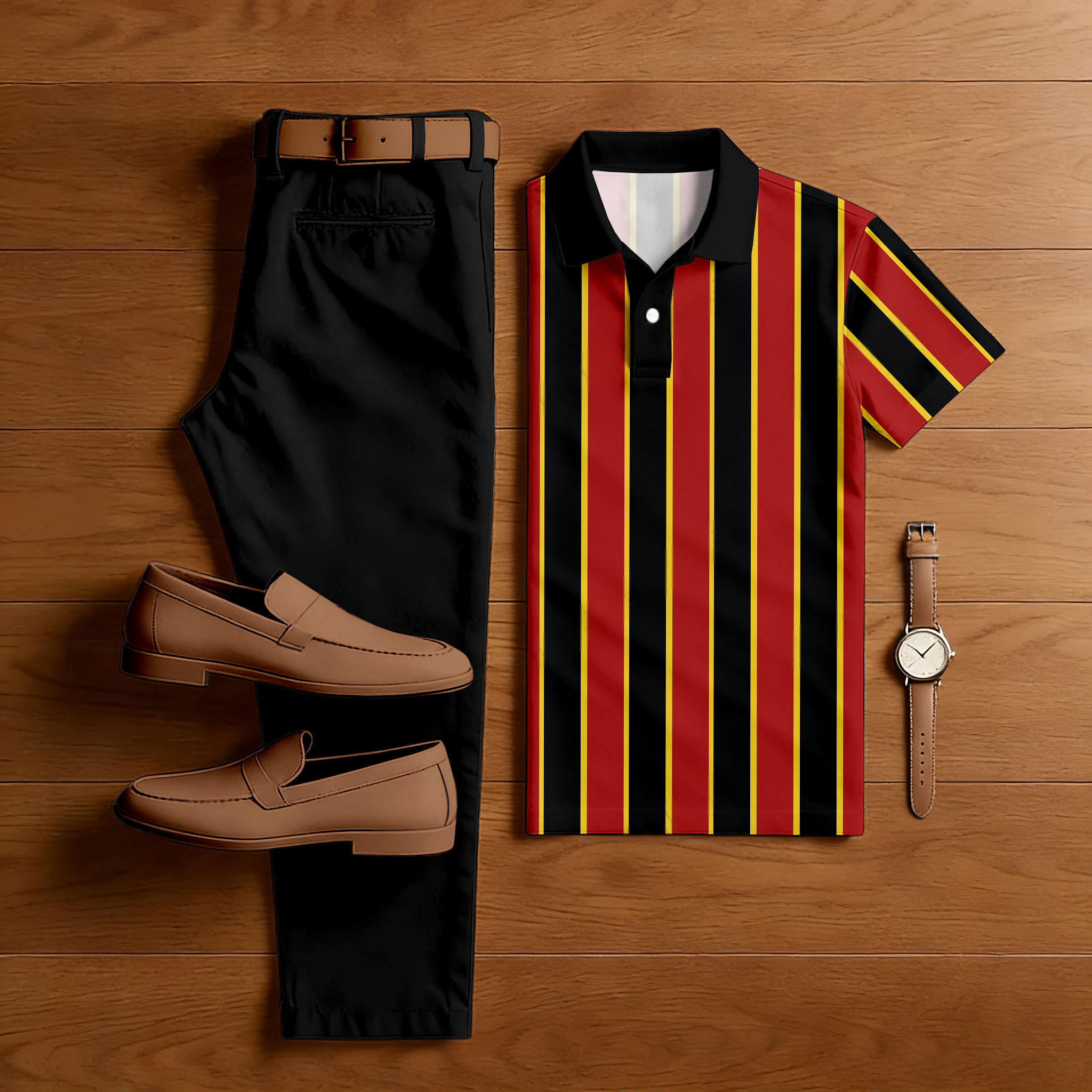 Conjunto de dos piezas casual Black & Red Color Matching a rayas estampado de manga corta camisa polo & Trousers para hombre