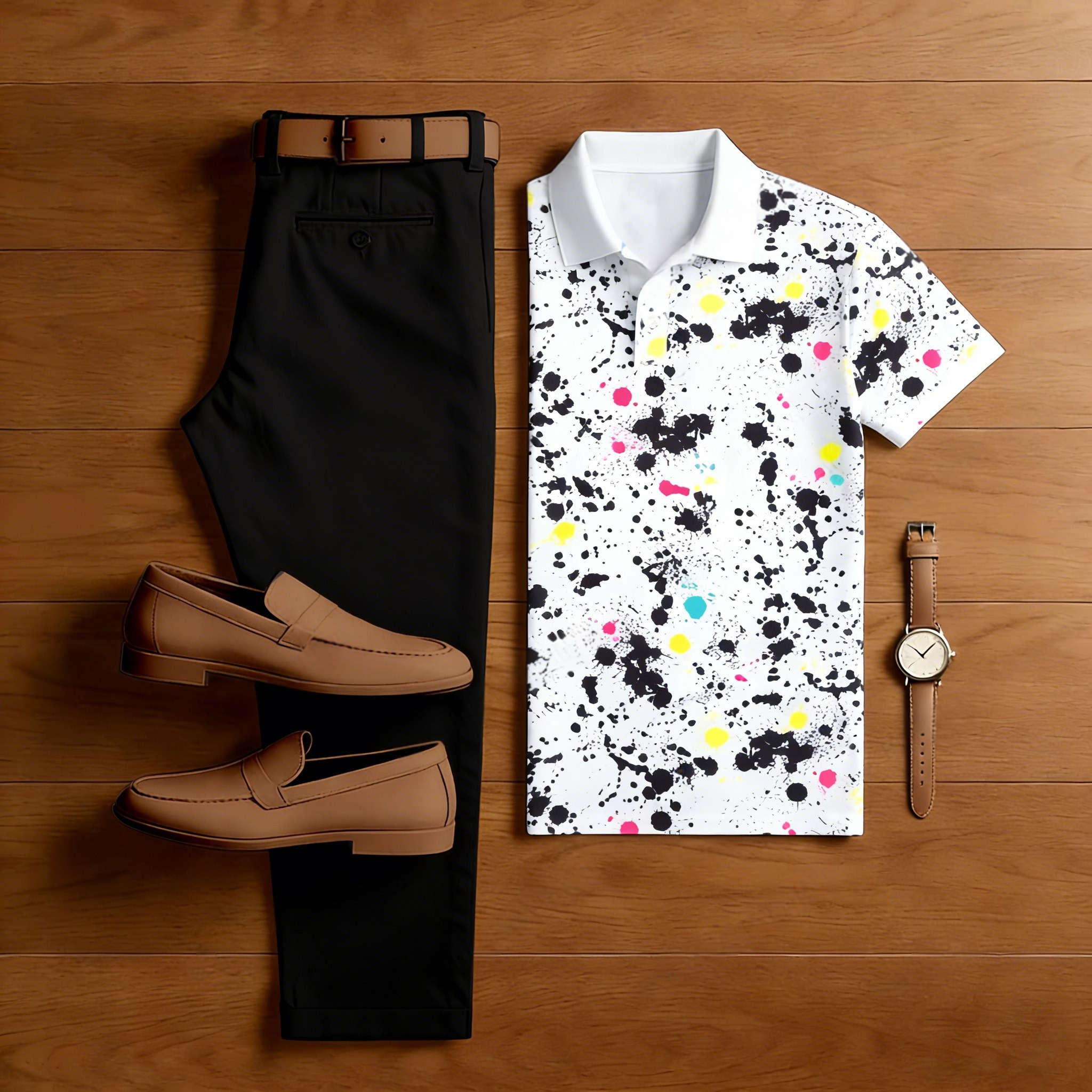 Conjunto de dos piezas casual Ink-Painting estampado camisa polo and Trousers para hombre