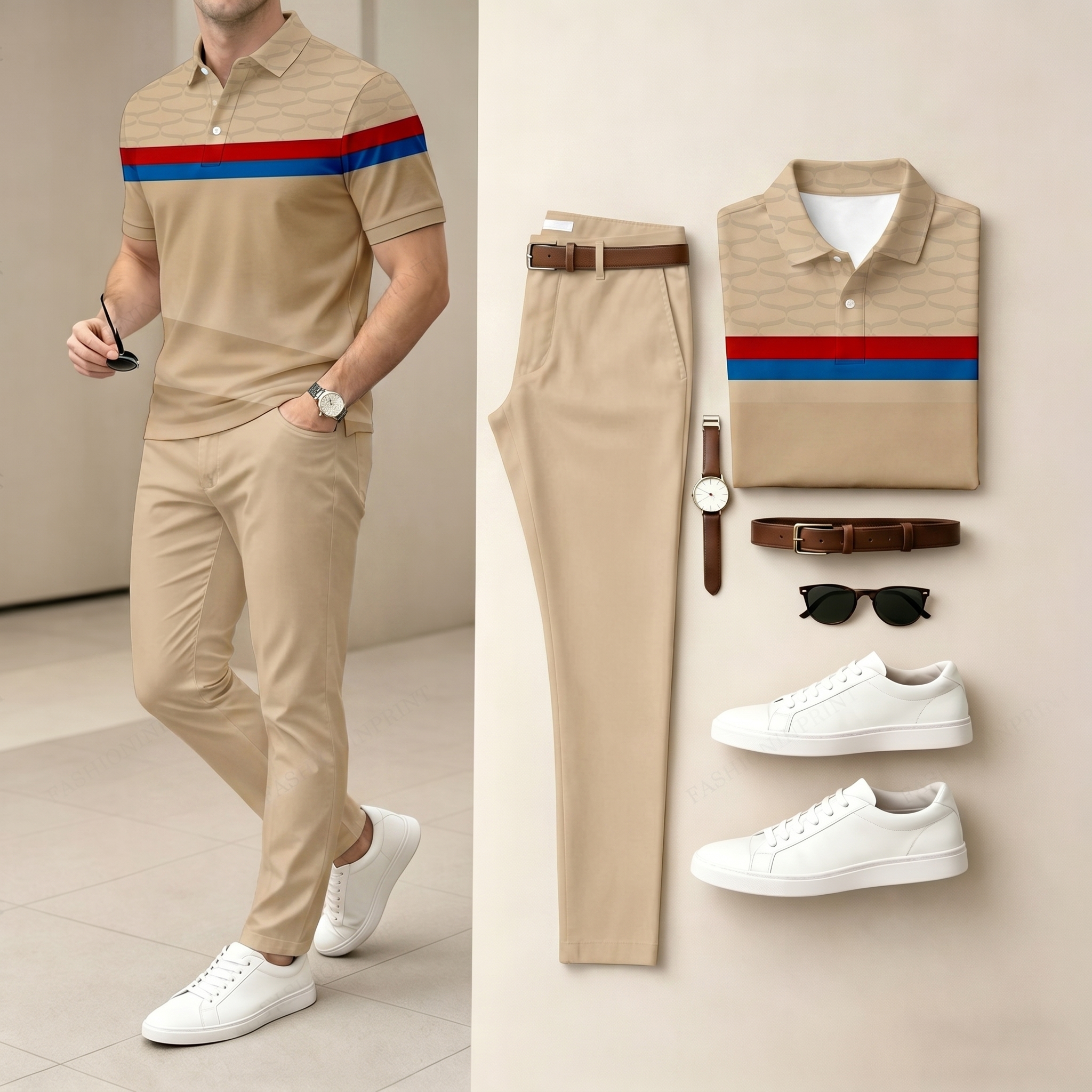 Conjunto de dos piezas Apricot Color Matching a rayas estampado de manga corta camisa polo & pantalón para hombre