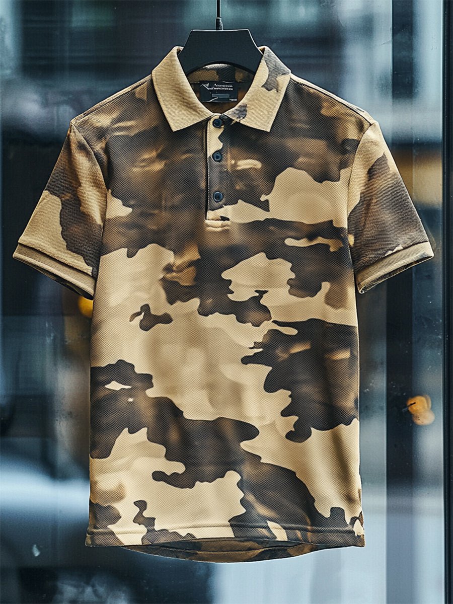 Camisa polo casual ejecutivo camuflaje estampado Button de manga corta para hombre