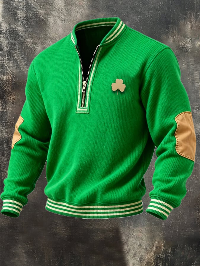 Sudadera (Detachable Shamrock Brooch Included) casual St. Patrick's Day Color-Block Half-Zip Stand-cuello de manga larga para hombre
