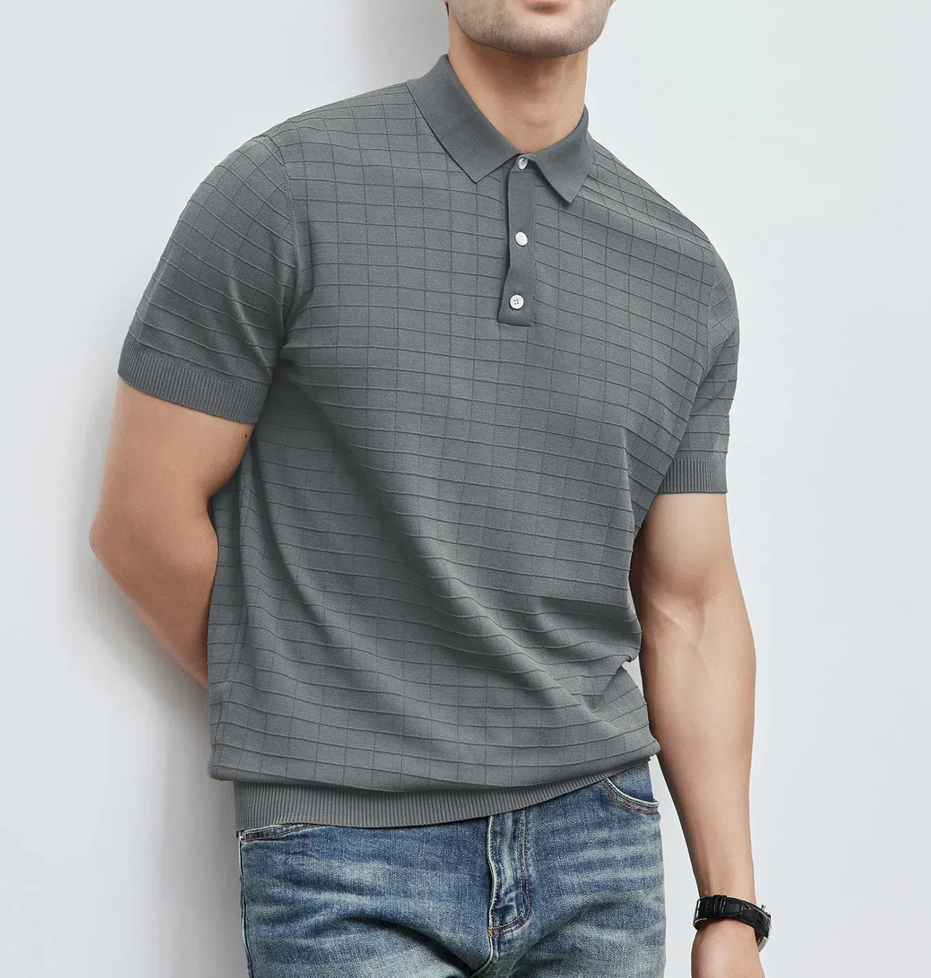 Gentletejido Checkered de manga corta tejidoted Polo