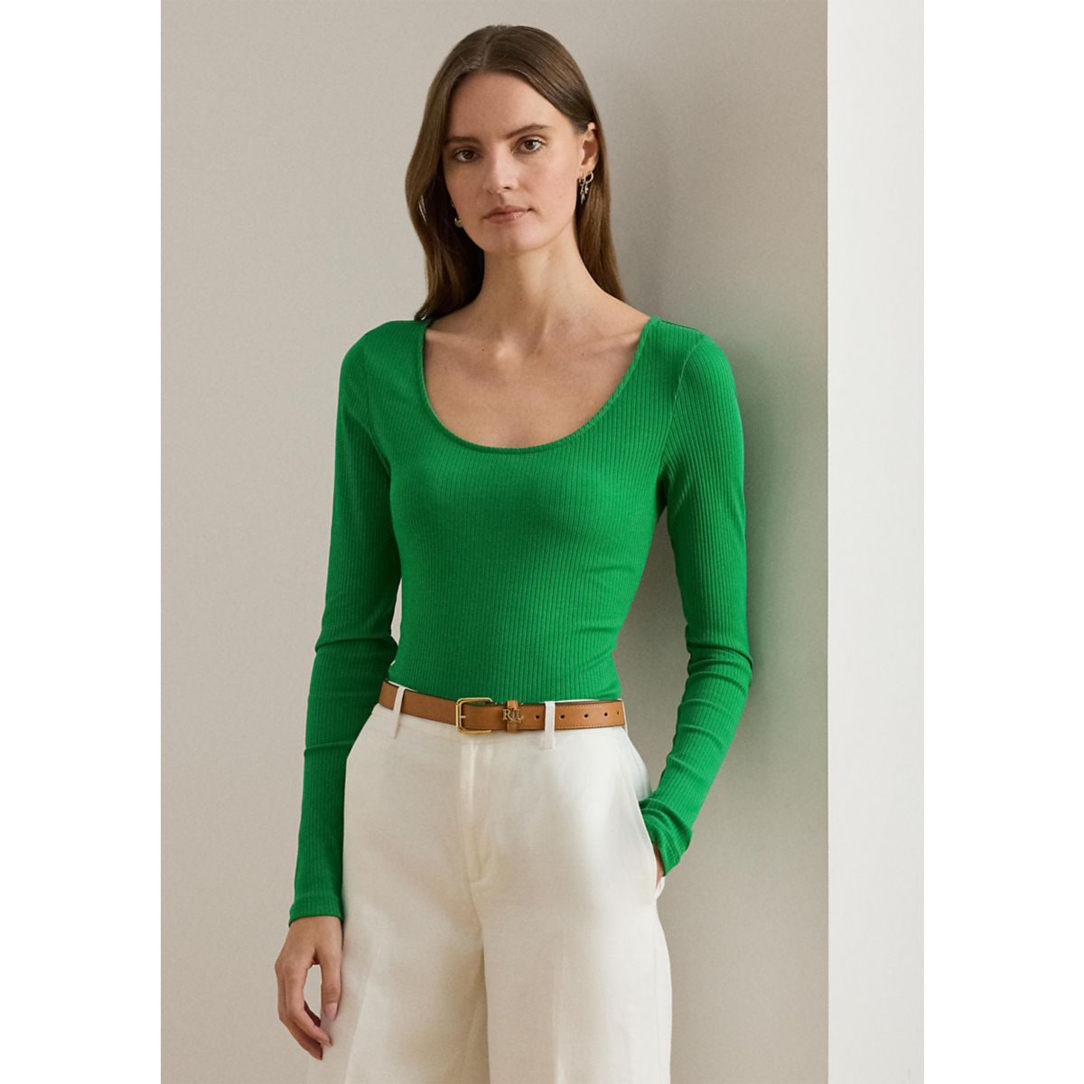 Women's Rib-Knit Long-Sleeve Scoop Neck T-Shirt - 1