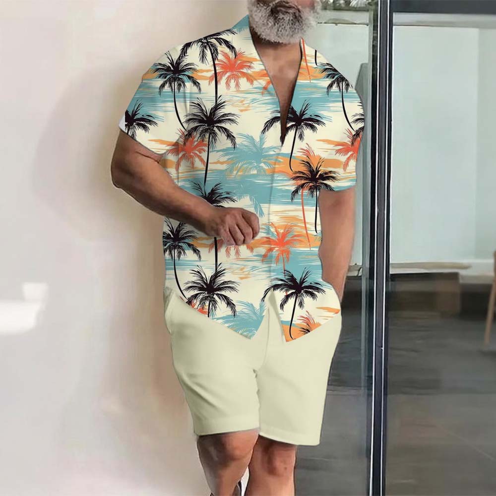 Conjunto de dos piezas Hawaii Vacation estampado Lapel Collar de manga corta para hombre