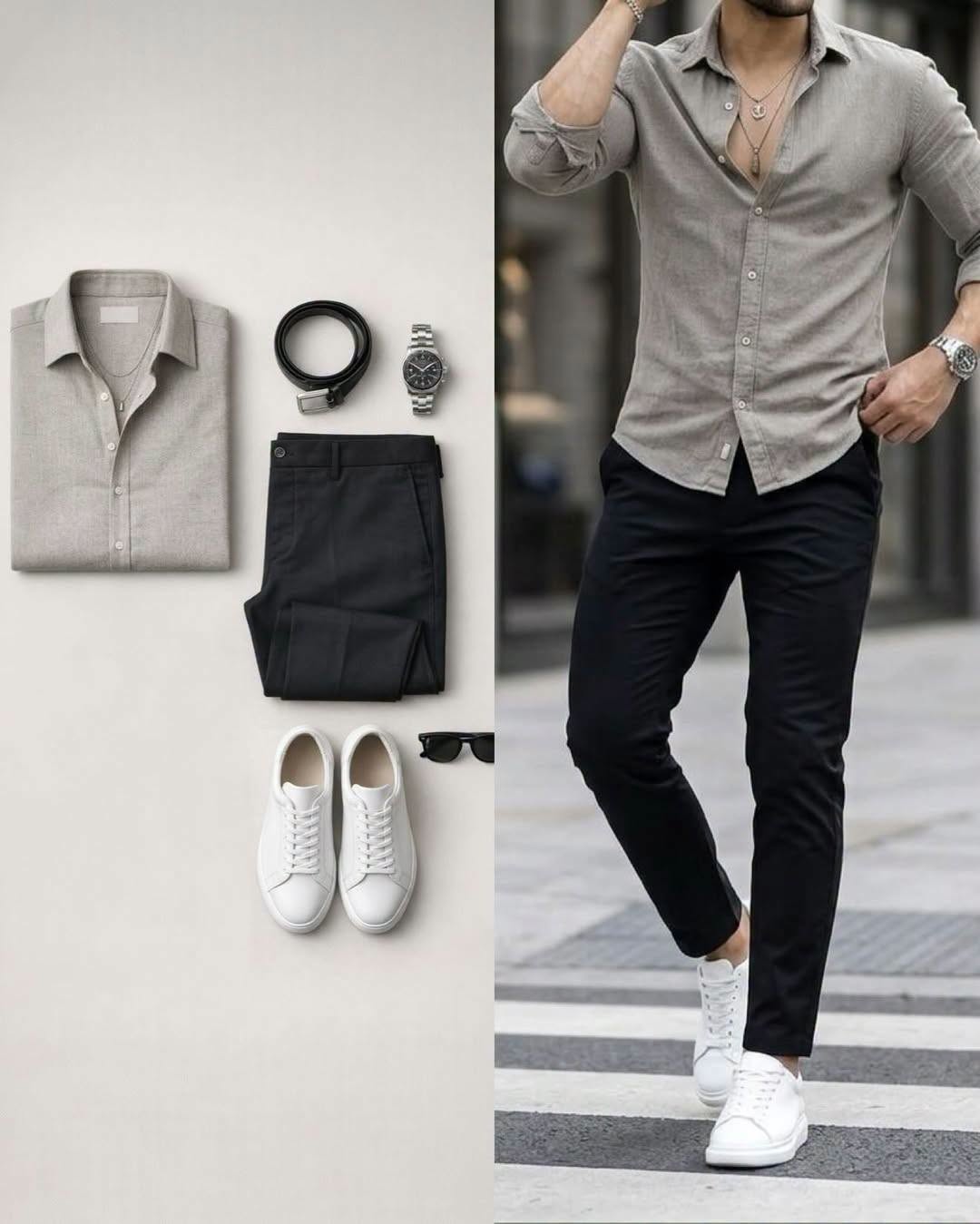 para hombre Grey de manga larga camisa & Black pantalón 2 Piece Outfit Set