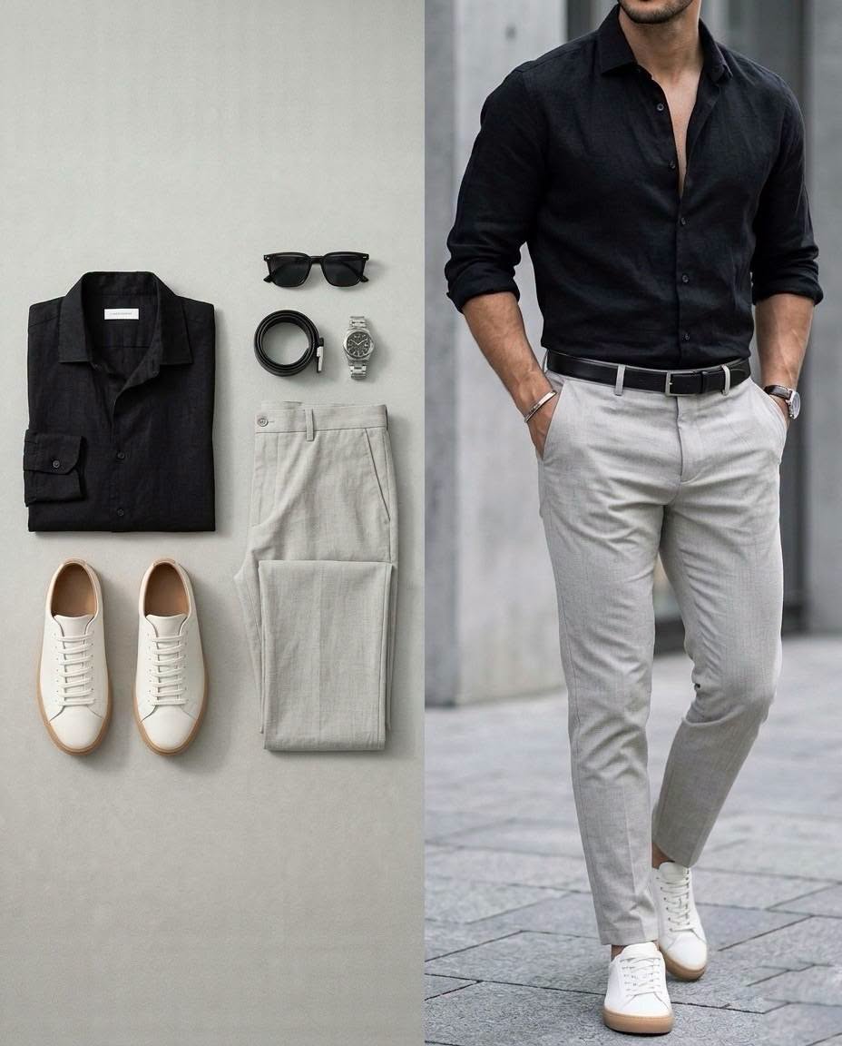 para hombre Black de manga larga camisa & Light Gray pantalón 2 Piece Outfit Set