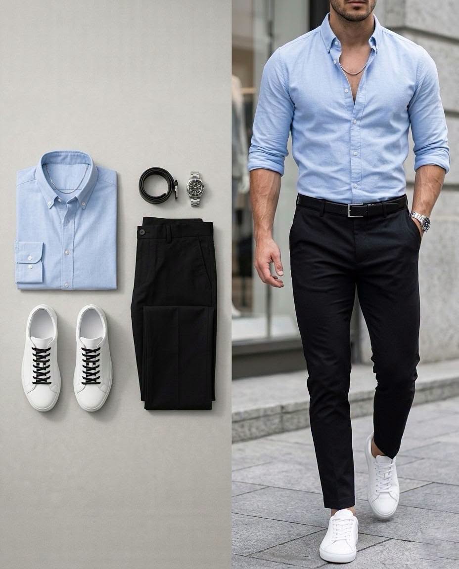 para hombre Light Blue de manga larga camisa & Black pantalón 2 Piece Outfit Set