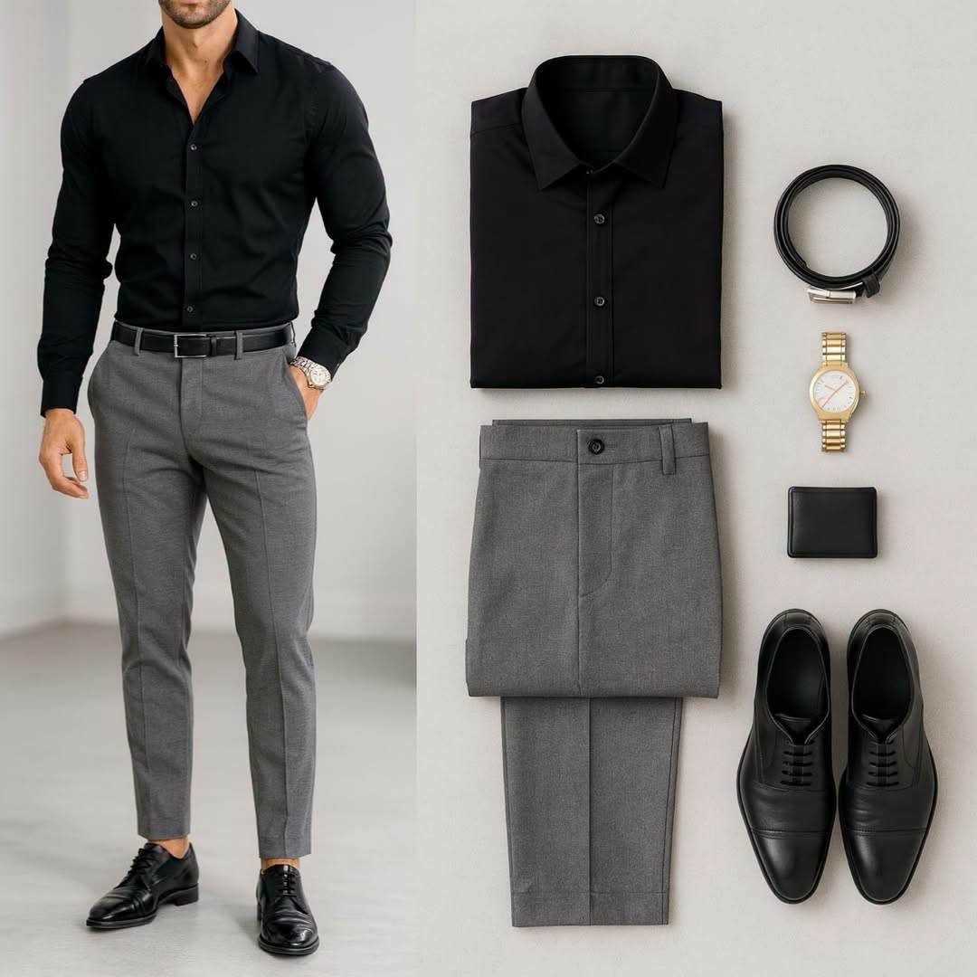 para hombre Black de manga larga camisa & Gray pantalón 2 Piece Outfit Set